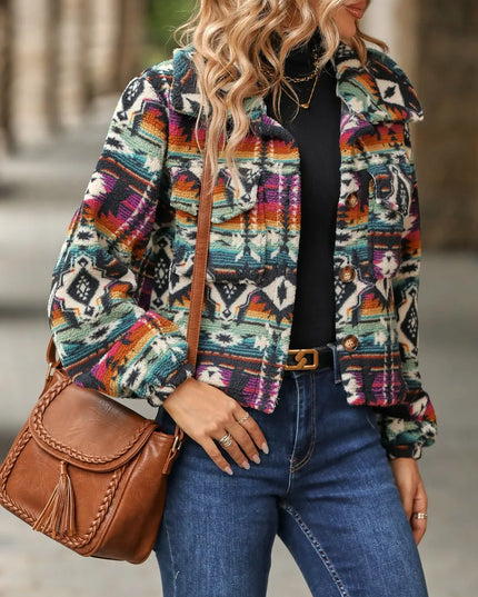 Geometric Dropped Shoulder Balloon Sleeve Outerwear