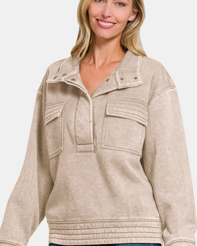 Zenana Acid Washed Half Snap Fleece Sweatshirt