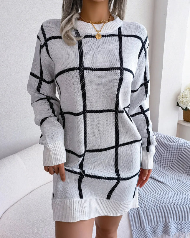 Plaid Round Neck Dropped Shoulder Sweater Dress