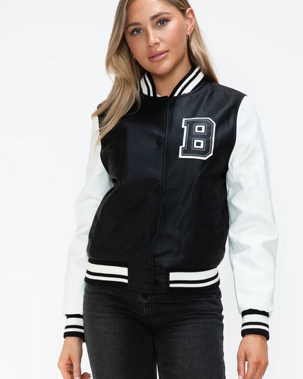 Love Me Now PU Leather Contrast Snap Down Bomber Jacket Black White