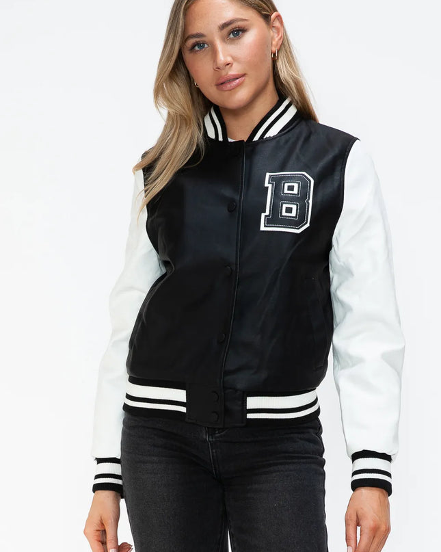 Love Me Now PU Leather Contrast Snap Down Bomber Jacket Black White