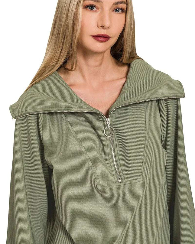 Zenana Ribbed High Neck Half Zip Pullover & Pants Set