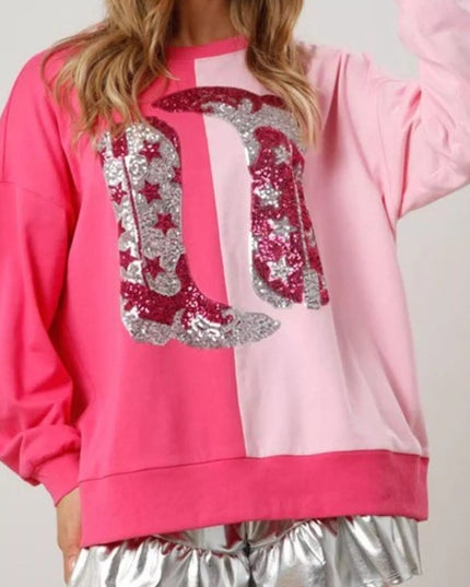 Sequin Boots Color Block Sweatshirt
