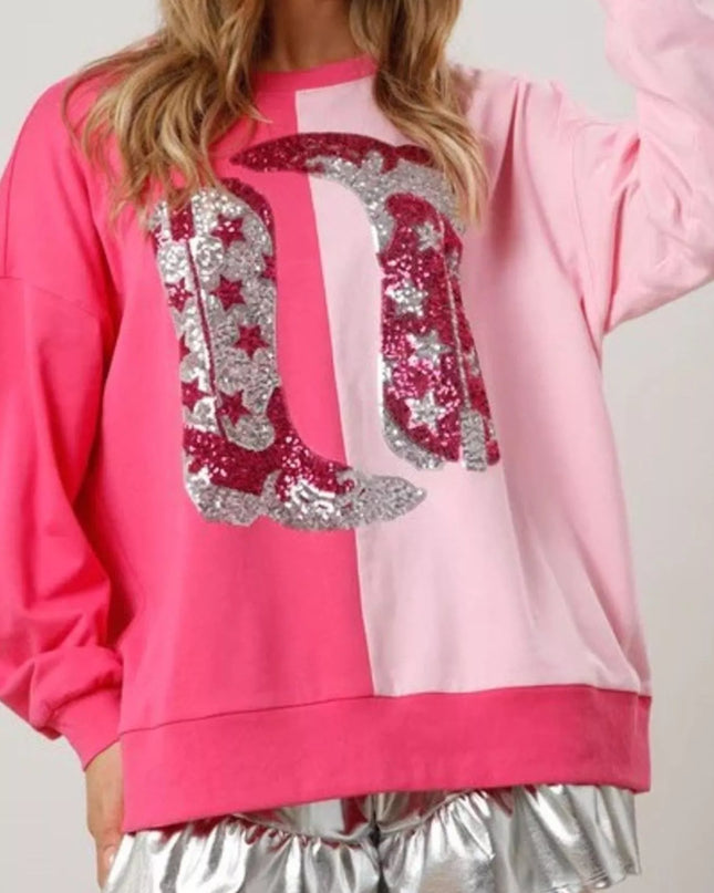 Sequin Boots Color Block Sweatshirt