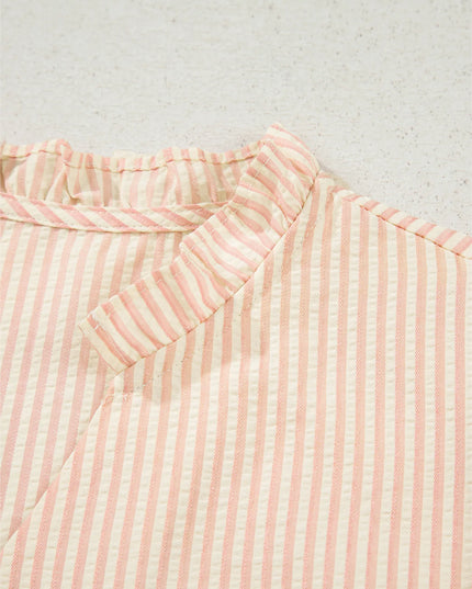 Stripe Bow Knot Cuff Pearl Embellished Puff Sleeve V Neck Blouse