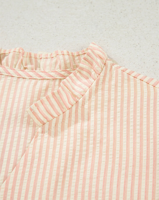 Stripe Bow Knot Cuff Pearl Embellished Puff Sleeve V Neck Blouse