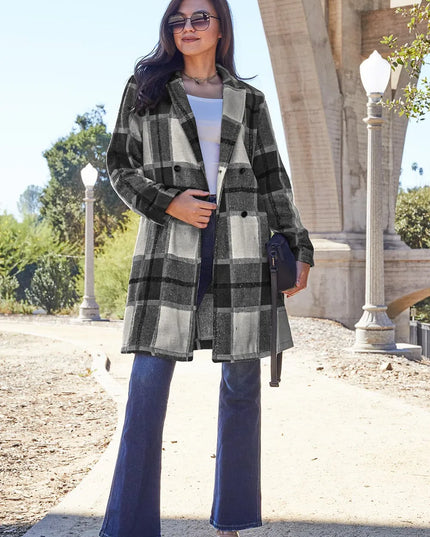 Double Take Full Size Plaid Button Up Lapel Collar Coat Black