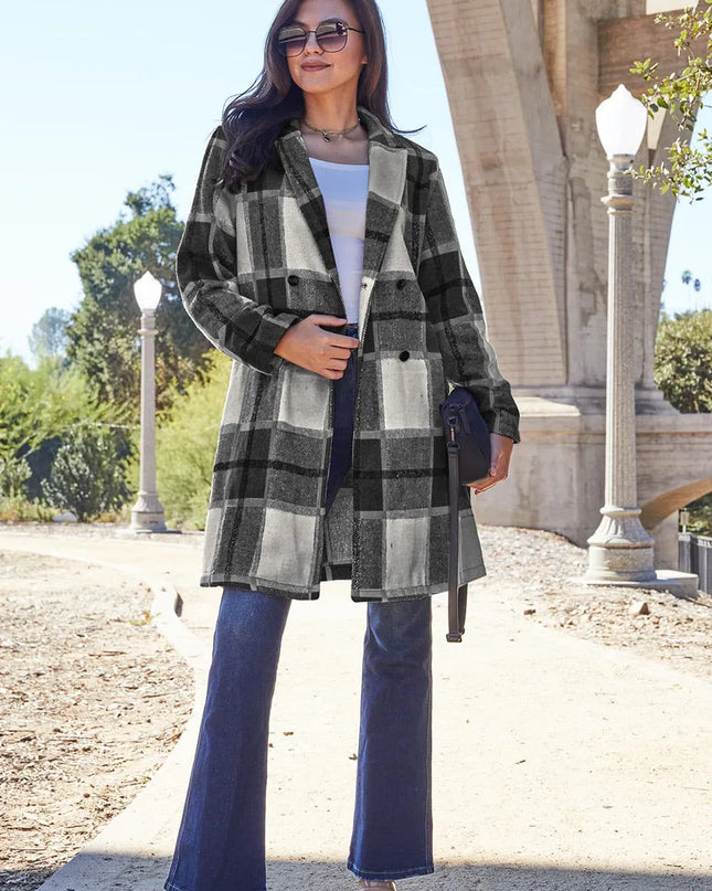 Double Take Full Size Plaid Button Up Lapel Collar Coat Black