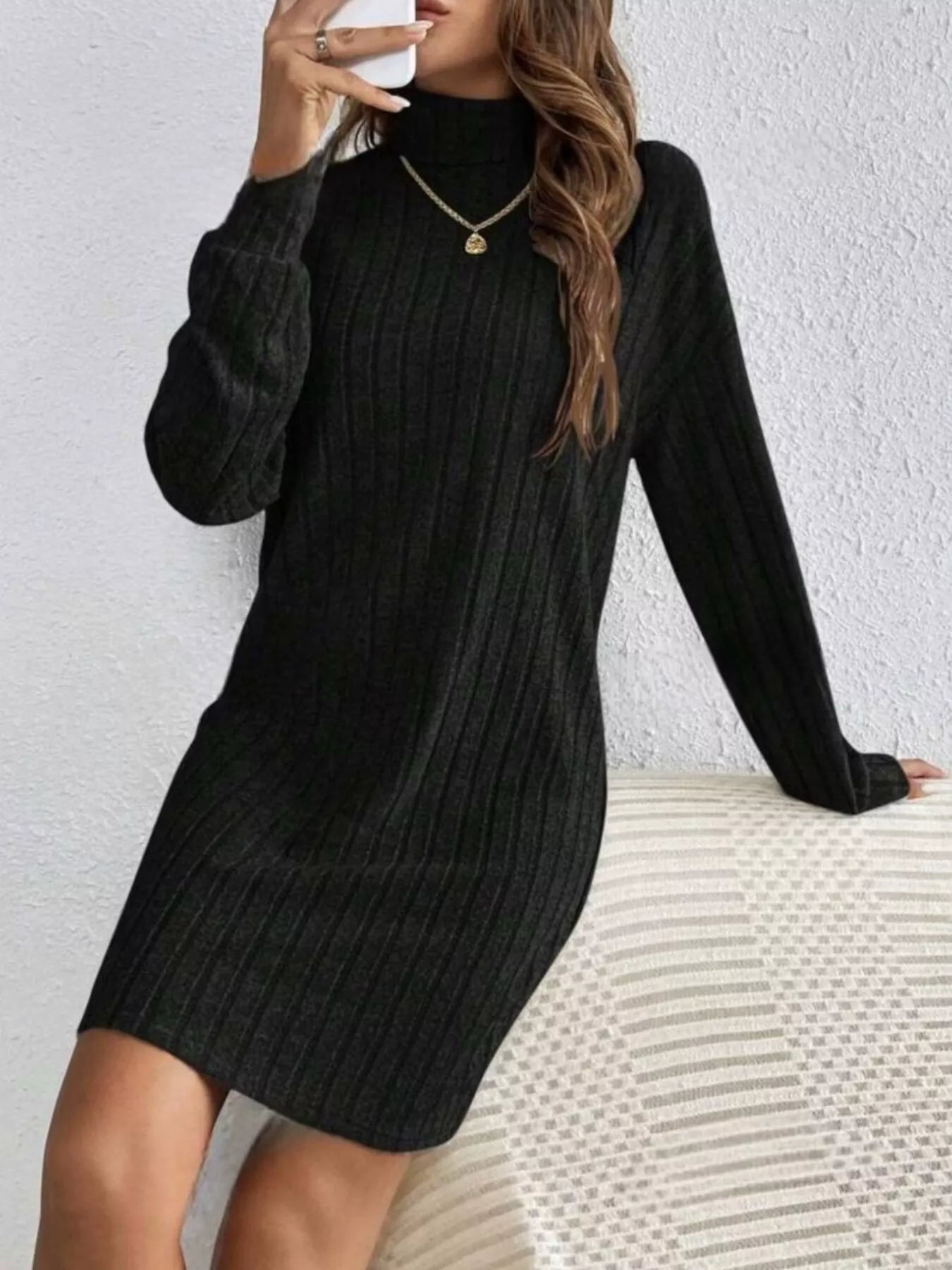 Casual Ribbed Turtleneck Long Sleeve Mini Dress