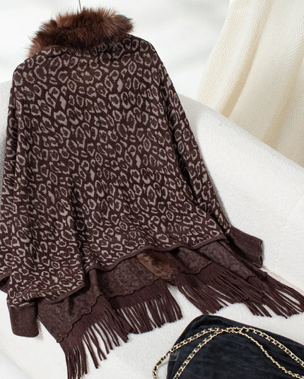 Fringe Leopard Open Front Long Sleeve Poncho