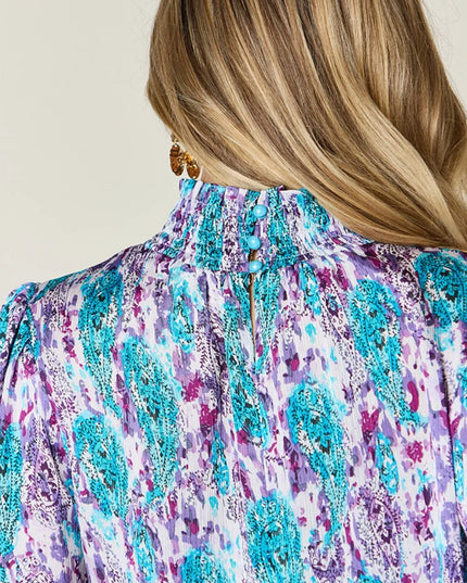 Double Take Full Size Printed Smocked Long Sleeve Blouse