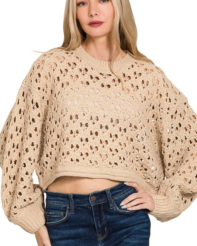 Zenana Oversized Cropped Crochet Knit Sweater LT MOCHA