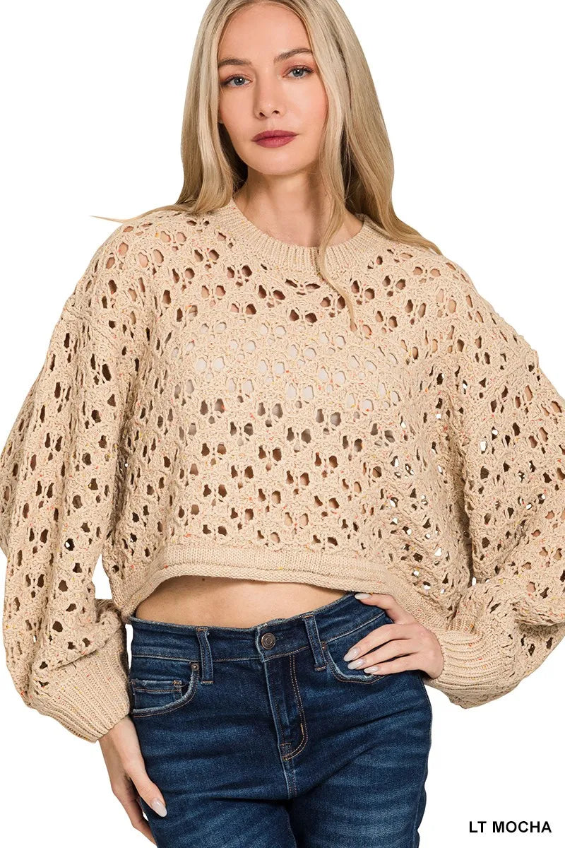 Zenana Oversized Cropped Crochet Knit Sweater LT MOCHA