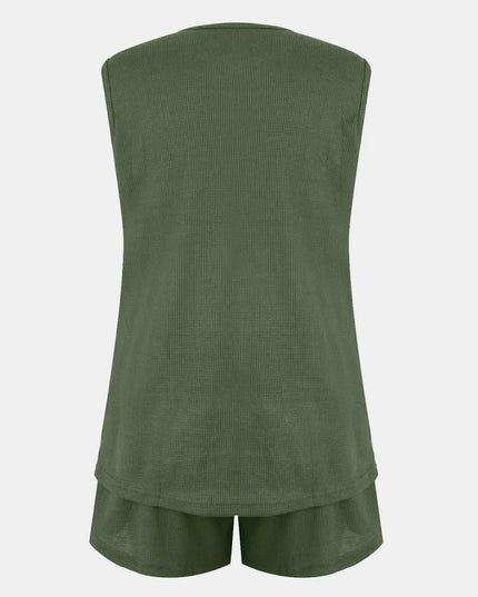 Full Size Waffle-Knit Notched Top and Shorts Set