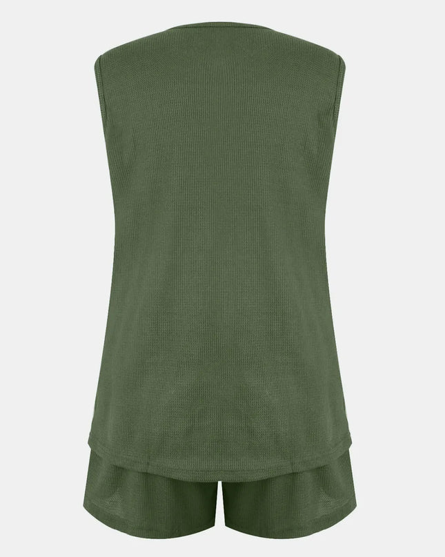 Full Size Waffle-Knit Notched Top and Shorts Set