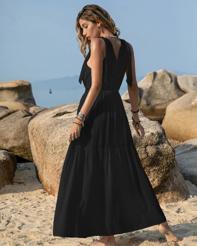 V-Neck Tie Shoulder Crochet Maxi Dress