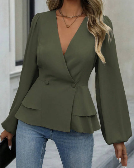 Surplice Balloon Sleeve Blouse Army Green