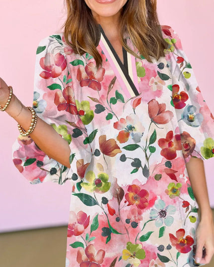 Floral Print Notched Tunic Dress