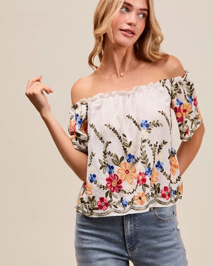 SO ME Floral Embroidered Two Way Off The Shoulder Blouse