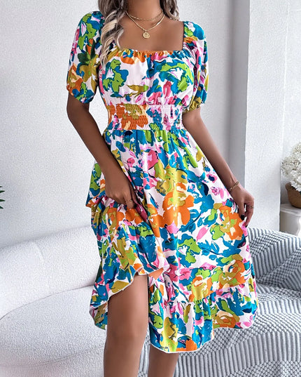 Ruffled Hem Smocked Floral Short Sleeve Midi Dress 