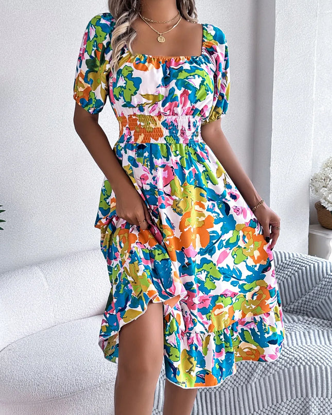 Ruffled Hem Smocked Floral Short Sleeve Midi Dress 