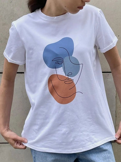 Abstract Face Graphic Casual Round Neck T-Shirt Light Blue