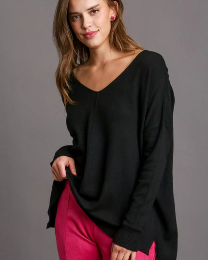 Umgee V-Neck High Low Hem Knit Top with Side Slit Black