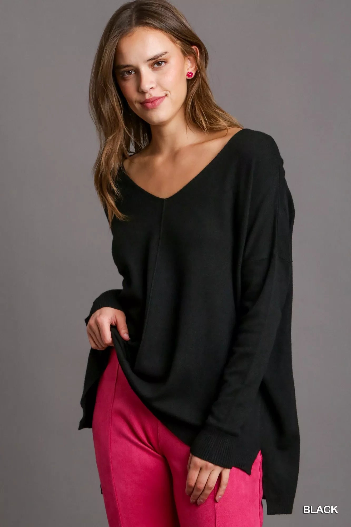 Umgee V-Neck High Low Hem Knit Top with Side Slit Black