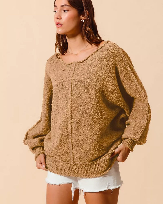 SO ME Loose Fit Exposed Seam Slouchy Boucle Sweater