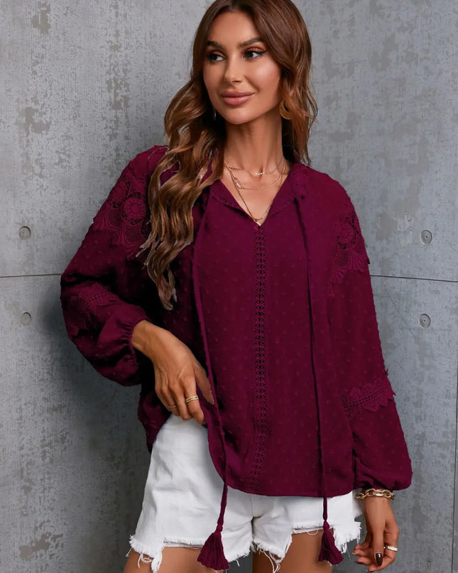 Crochet Tassel Tie Neck Long Sleeve Blouse