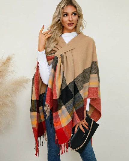 Fringe Contrast Plaid Poncho
