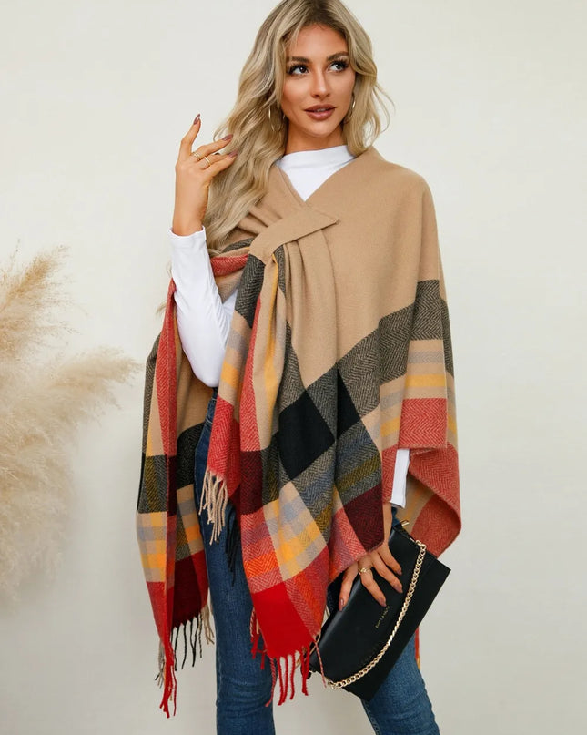 Fringe Contrast Plaid Poncho