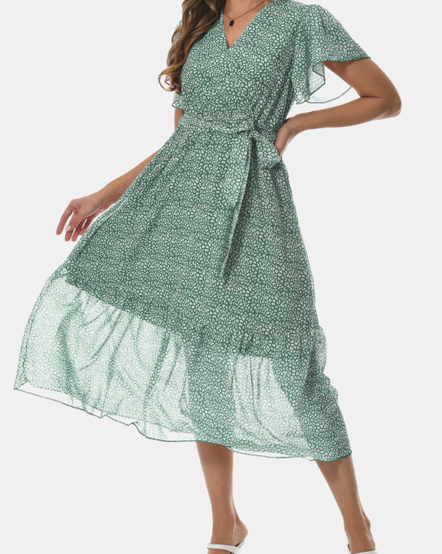 Surplice Neck Flutter Sleeve Tied Dress