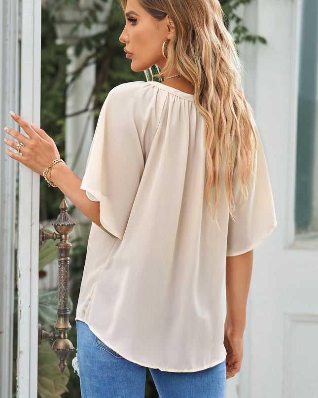 Gathered Detail Notched Neck Flutter Sleeve Top 