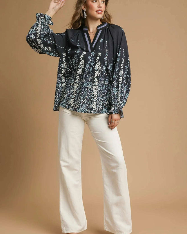 Umgee Full Size Floral Vine Print Blouse with Balloon Sleeves Plus Size