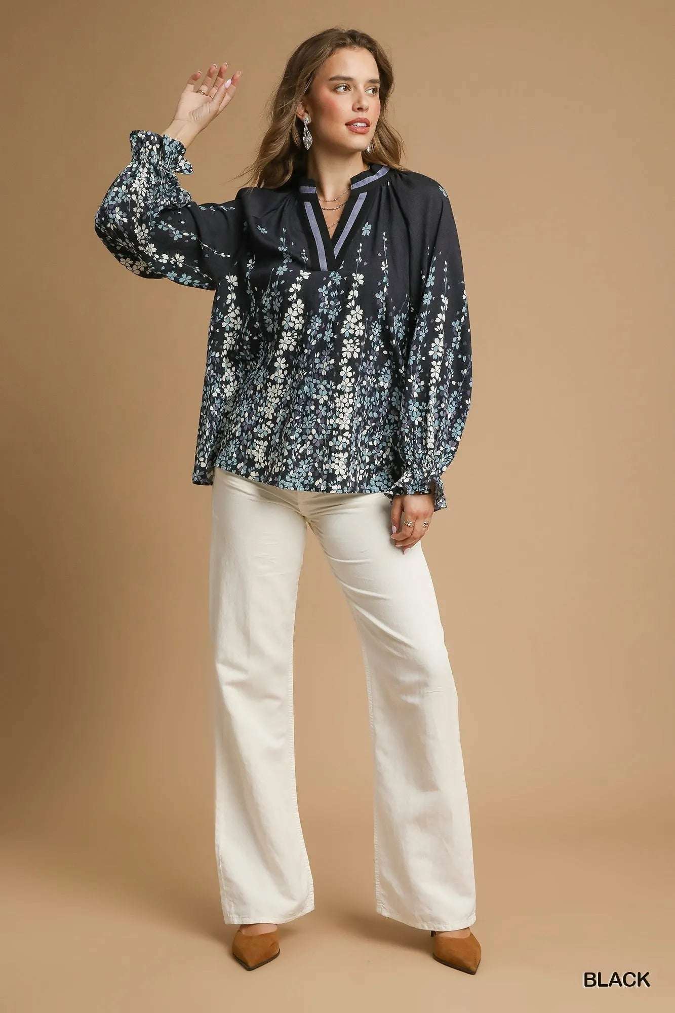 Umgee Full Size Floral Vine Print Blouse with Balloon Sleeves Plus Size