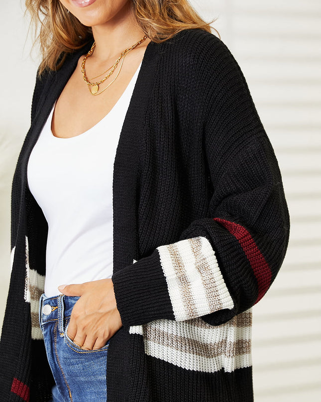 Perfee Striped Rib-Knit Drop Shoulder Open Front Cardigan