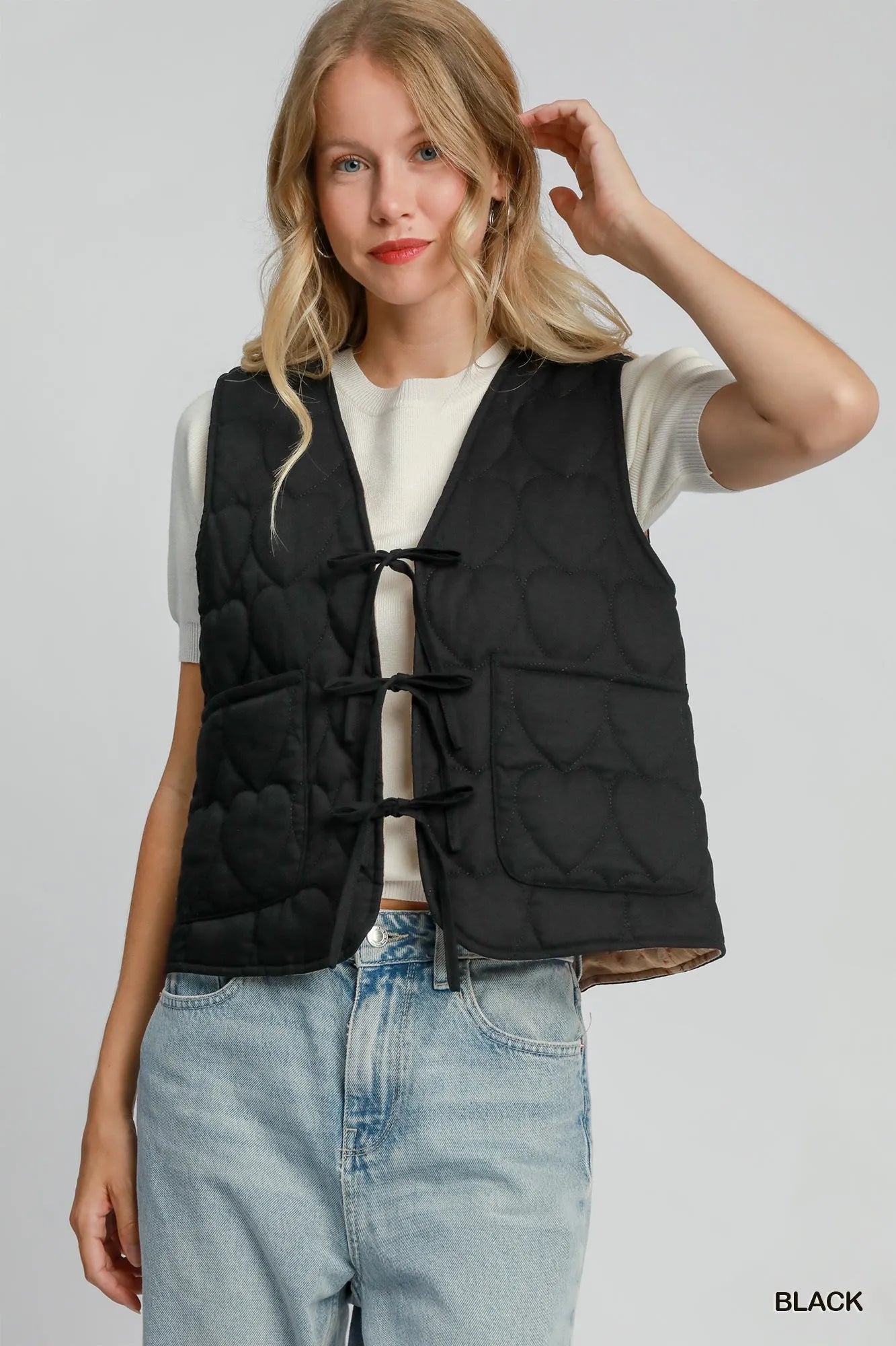 Umgee Heart Quilted Tie-Front Vest Black