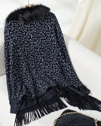 Fringe Leopard Open Front Long Sleeve Poncho