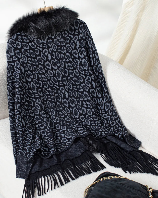 Fringe Leopard Open Front Long Sleeve Poncho