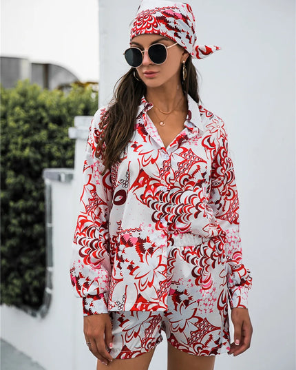 Printed Button Up Long Sleeve Shirt and Shorts Set