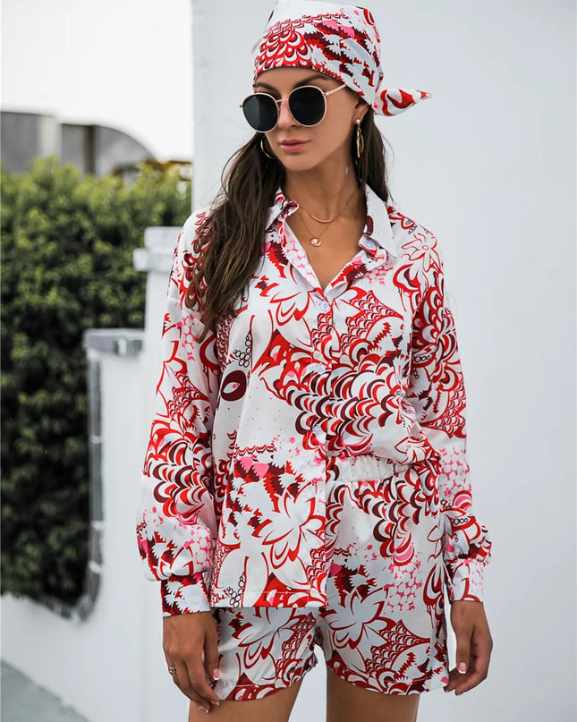 Printed Button Up Long Sleeve Shirt and Shorts Set