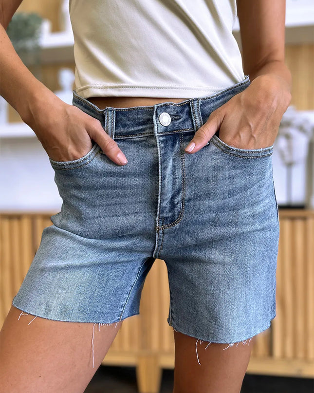 Judy Blue Full Size High Waist Raw Hem Denim Shorts
