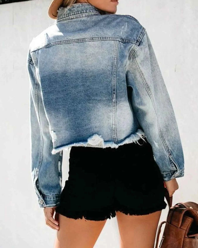 Distressed Raw Hem Denim Jacket