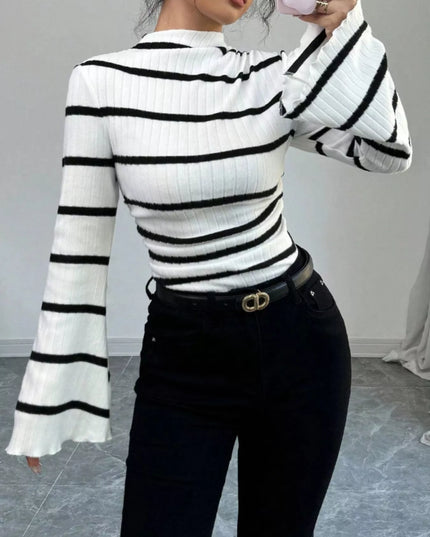 Striped Mock Neck Flare Sleeve Knit Top