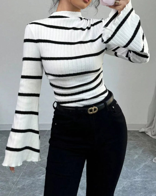 Striped Mock Neck Flare Sleeve Knit Top