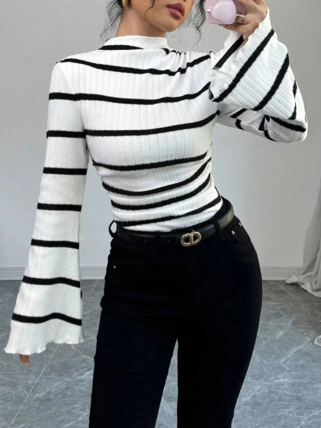 Striped Mock Neck Flare Sleeve Knit Top