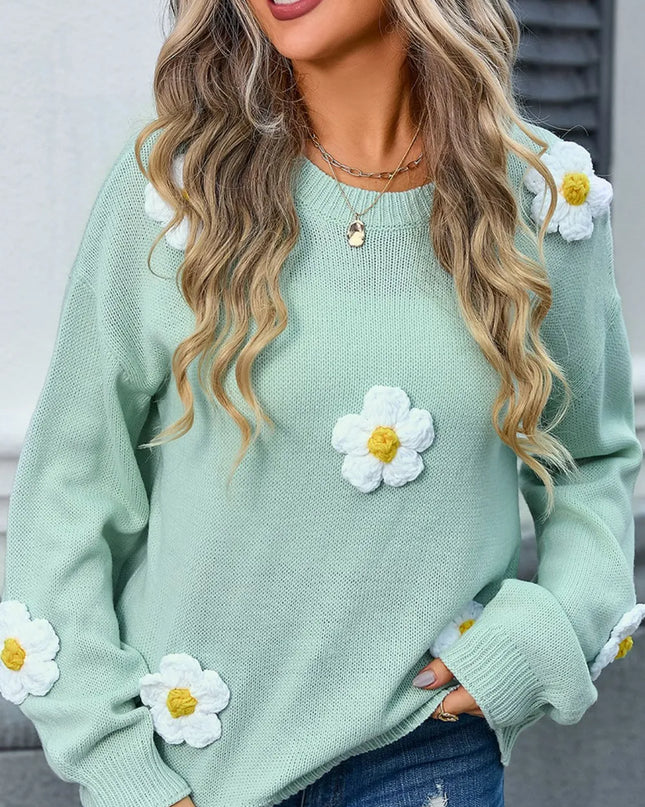 Angel Wings Flower Round Neck Long Sleeve Sweater