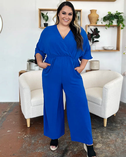 Double Take Full Size Surplice Wide Leg Jumpsuit with Pockets