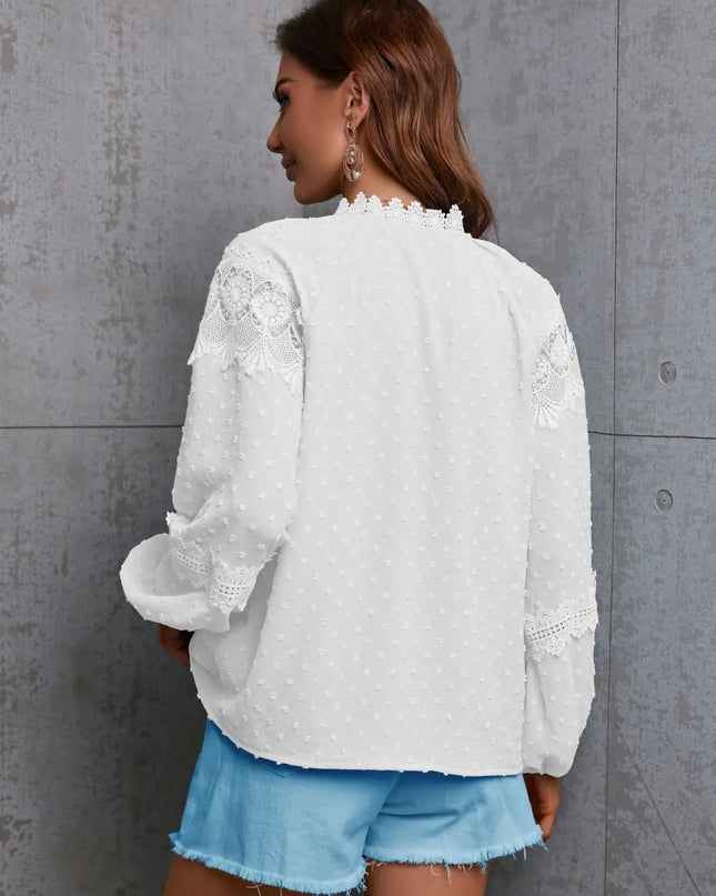 Crochet Tassel Tie Neck Long Sleeve Blouse